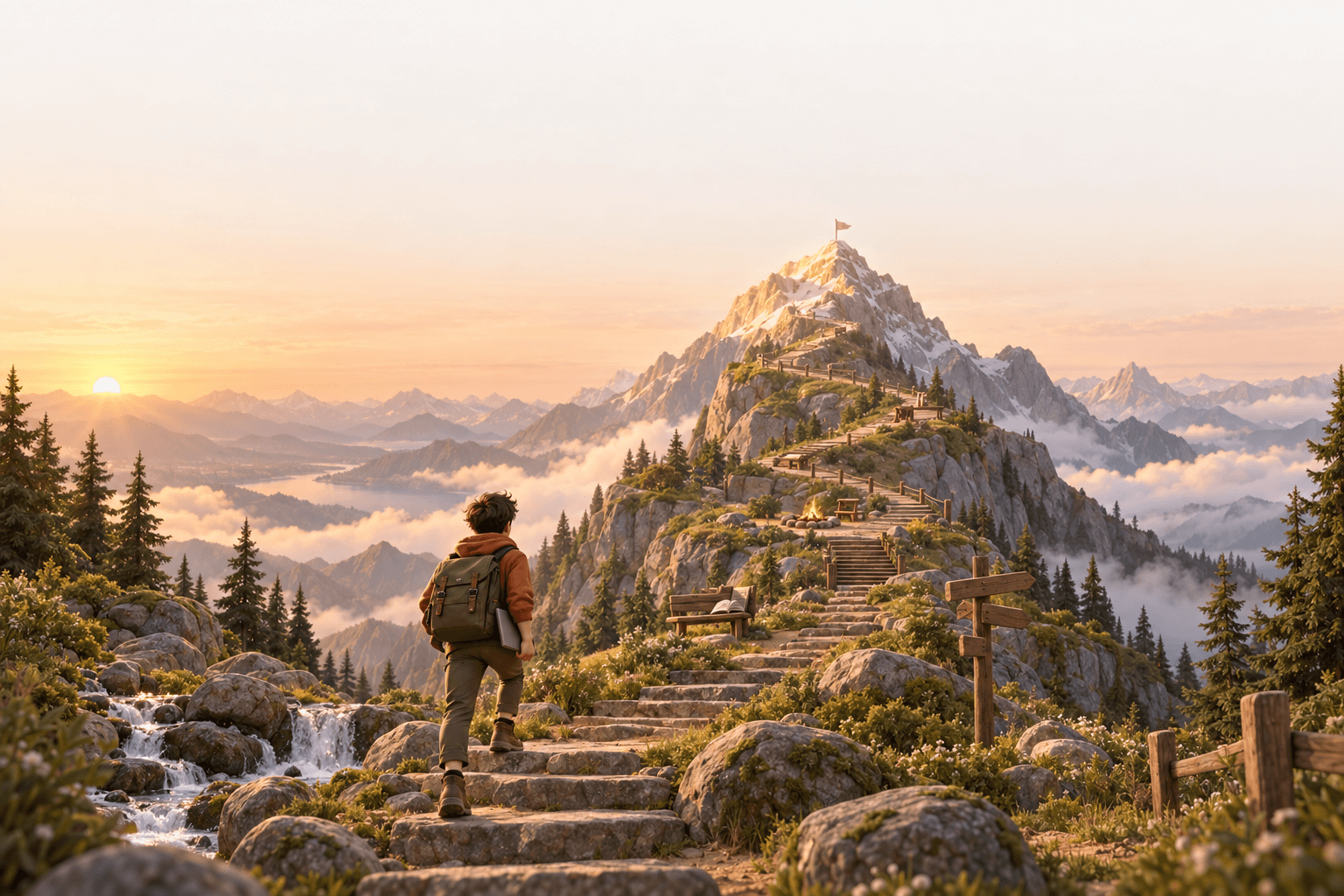 Ein Schüler mit Rucksack steigt bei Sonnenaufgang steinerne Stufen zu einem Gipfel hinauf